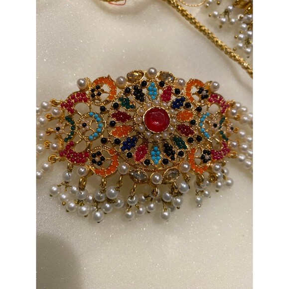 Nauratan Choker Jewelry Set Semi Precious stone Indian Pakistani Bridalwear NWT - Picture 10 of 12